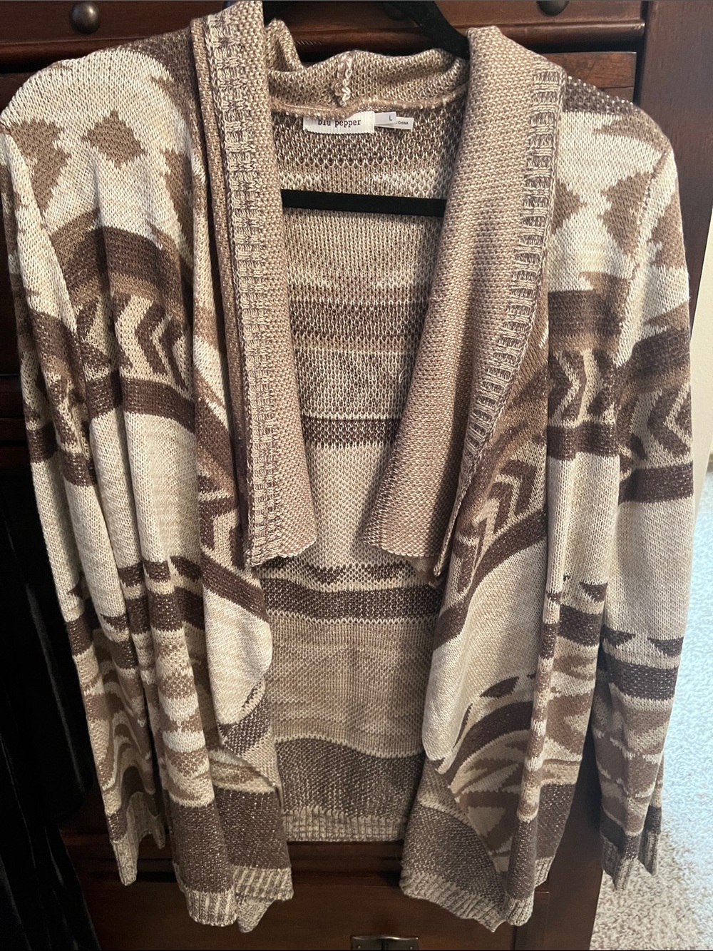 Blu Pepper Beige and Brown Open-Front Knit Cardigan